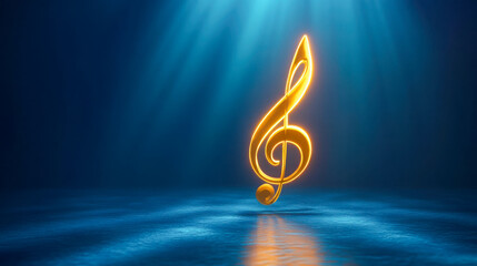 Glowing golden treble clef symbolizing music's beauty in a serene blue background at twilight