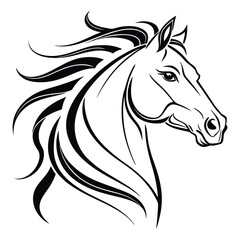 Elegant black and white horse head illustration with flowing mane, showcasing strength and grace.