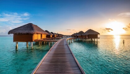Fototapeta premium Captivating summer sunset over vibrant overwater bungalows in a tropical paradise