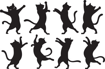 Vector illustration set of cat dancing silhouette, cats dancer flat black color design on a white background.