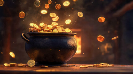 Black cauldron overflows with gold coins in a warm, dimly lit room, creating a magical atmosphere of wealth and fortune
