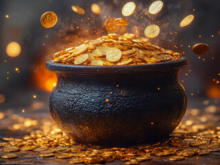 Black cauldron overflows with gold coins in a warm, dimly lit room, creating a magical atmosphere of wealth and fortune