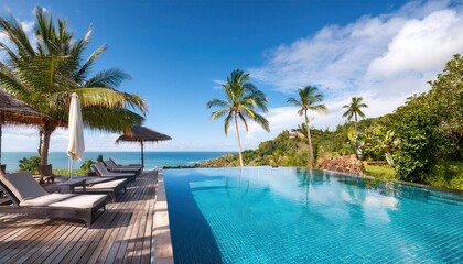 Fototapeta premium Basking in the vibrant summer sun by an expansive pool overlooking the serene ocean