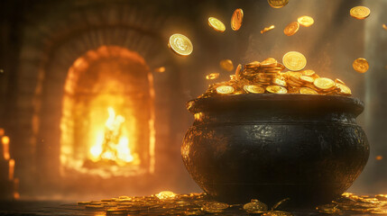 Black cauldron overflows with gold coins in a warm, dimly lit room, creating a magical atmosphere of wealth and fortune
