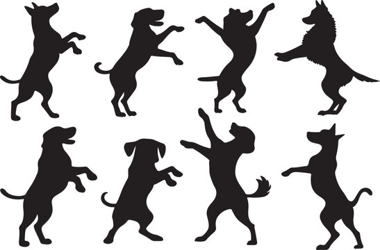 Vector illustration set of dog dancing silhouette, dogs dancer flat black color design on a white background.