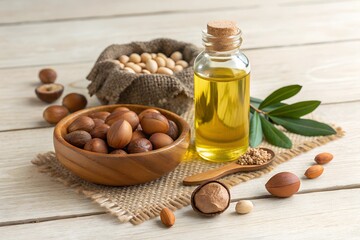 Argan Oil and Nuts on Wooden Table