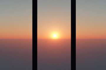 The sky is a beautiful orange color with a sun in the middle