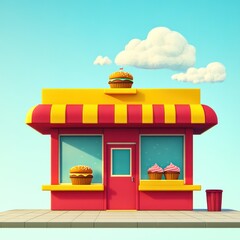 Cartoon burger shop storefront, sunny day, pastries displayed, food marketing