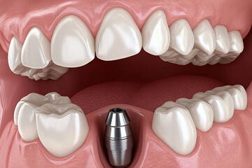 Dental implants displayed in a model of a human jaw demonstrating oral health and restoration procedures