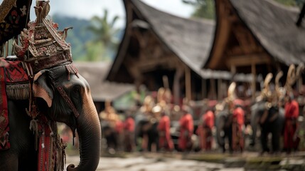 Naklejka premium Ornate elephant walking among traditional wooden houses, adorned villagers celebrating cultural festival with vivid costumes and ceremonial excitement in southeast asian setting