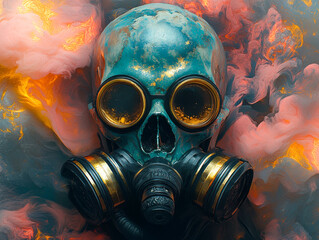 Skull in a gas mask surrounded by colorful smoke creates a striking visual symbol of impending danger and mystery