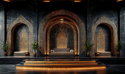 Luxurious Interior Featuring Intricate Archways, Decorative Walls, and Elegant Seating Under Warm Lighting, Exuding a Rich, Opulent Atmosphere

