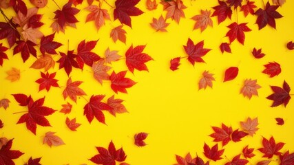 Autumnal Red and Orange Leaves on Yellow Background