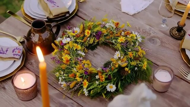 A rustic wooden outdoor table is beautifully set for a traditional Midsummer celebration, adorned with a vibrant wildflower wreath centerpiece, vintage Scandinavian pottery, and flickering candlelight