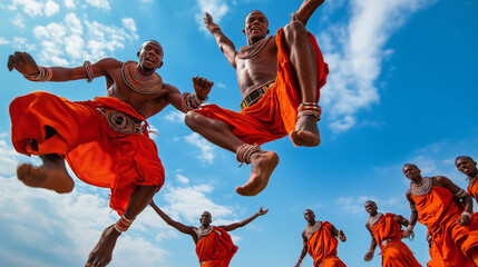 Colorful ethnic dancers mid leap, wearing traditional costumes, performing against vivid blue backdrop, expressing cultural joy through dynamic, rhythmic movements