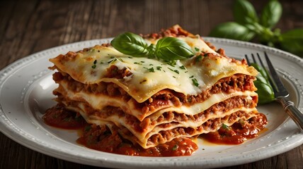 Fototapeta premium Classic Lasagna with Hearty Tomato Sauce – A Taste of Italy in Every Bite
