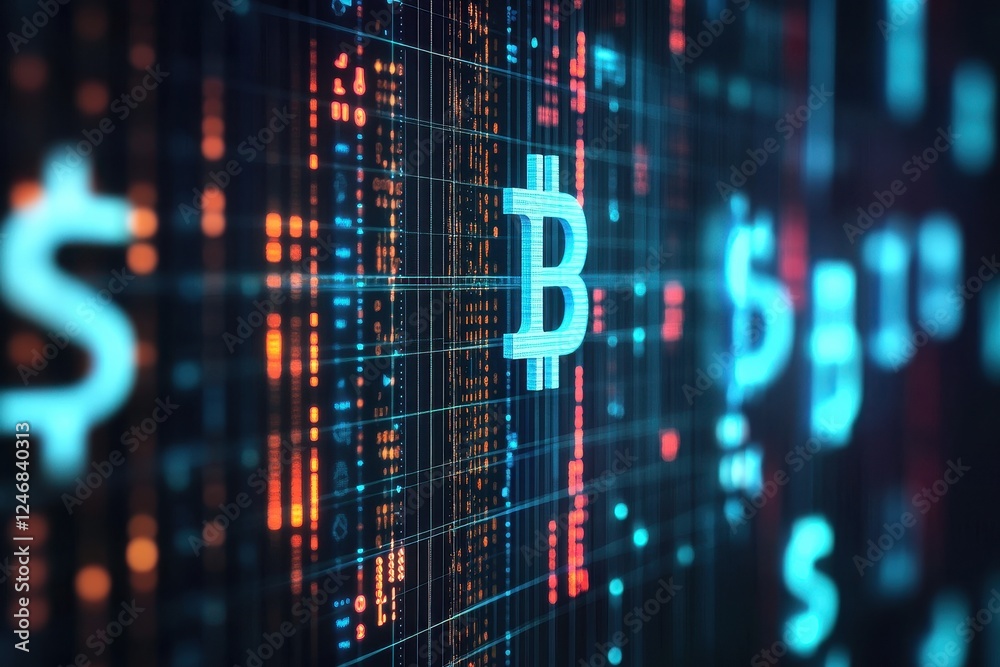 Poster abstract digital background with virtual currency symbols and blockchain network connections . a vis
