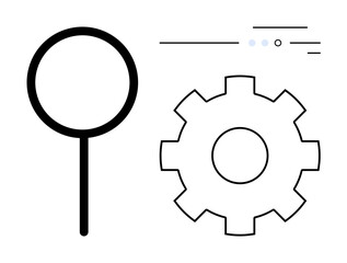 Magnifying glass next to a gear wheel with small circle elements and lines. Ideal for technology, search, settings, troubleshooting, optimization, software development, and data analysis themes. Line