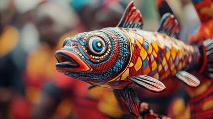 Vibrant fish sculpture showcasing intricate patterns, reflecting cultural artistry through detailed craftsmanship and brilliant coloration