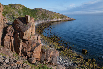 Stone beach on the shores of the Barents Sea on a sunny July morning. The Kola Peninsula. Murmansk region, Russia