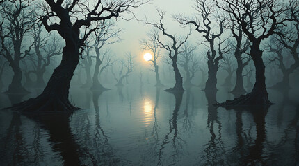 A vast swamp, where gnarled, twisted trees rise from the murky, still water. haunting and surreal, cinematic and moody, deeply immersive and eerie.