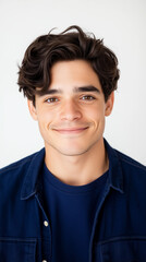 Professional portrait of young man with curly hair, smiling warmly
