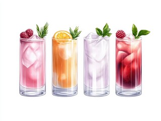 Four Refreshing Summer Cocktails, Raspberry, Orange, Mint, and Cranberry, Isolated on White Background Cutout