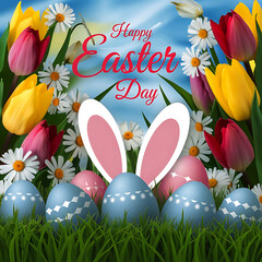 Hayyp easter day concept with Bunny eggs on the grass