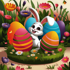 Hayyp easter day concept with Bunny eggs on the grass