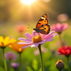 Butterfly on a Flower in a Meadow at Golden Hour