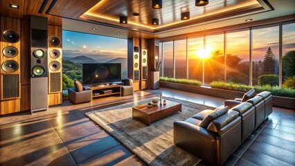 Drone's-eye view:  A breathtaking aerial shot reveals a meticulously installed high-end audio system in a luxury home theater.