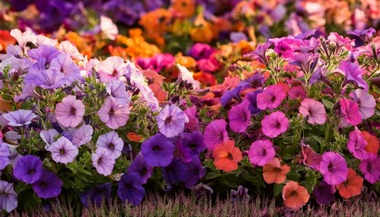 Obraz premium Mix of Multiflora petunias blooming in flower garden