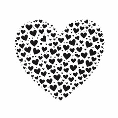 A large black heart made from a large number of small multi hearts, icon, black, black and white sketch on a white background picture, image for printing, small hearts assembled into a large