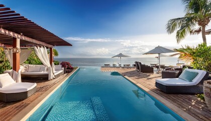 Fototapeta premium Relaxing by the vibrant poolside oasis under the summer sky with stunning ocean view