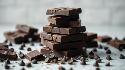 A Stack of Dark Chocolate Bars and Chocolate Chips on a Light Surface