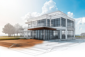 Obraz premium Architectural design of a modern house with glass exterior and scenic surroundings near the coast featuring a clear blue sky and light clouds