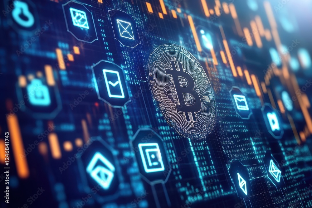 Poster abstract digital background with virtual currency symbols and blockchain network connections . a vis