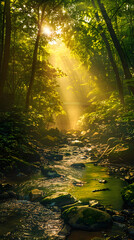 Obraz premium Golden Sunlight Bathing an Expansive Forest with a Tranquil River Flowing Through