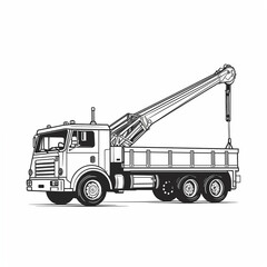 Naklejka premium The truck crane, angle view, badge, simple black and white sketch on a white background, picture, image for printing, cargo