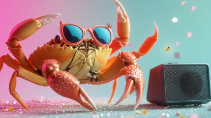 A crab wearing sunglasses, dancing to music with a tiny speaker next to it. 