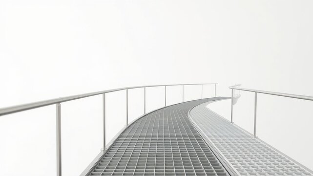 Elevated walkway with metal grating and railing, curving gently into the distance against a bright white background.