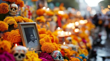 Vibrant day of the dead altar displaying marigold flowers, burning candles, decorated skulls surrounding black and white portrait, celebrating traditional mexican memorial shrine