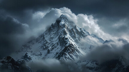 Obraz premium A towering, snow-covered mountain peak, shrouded in thick, rolling clouds. moody and atmospheric, deeply immersive, haunting and vast.