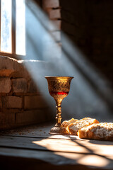 A close-up of an ornate golden chalice filled with red wine, surrounded by loaves of bread, with a soft, divine light shining down, representing the Last Supper