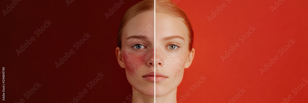 Poster Side by side comparison highlights acne and redness contrasted with smooth glowing skin for effective skincare insights. Generative AI
