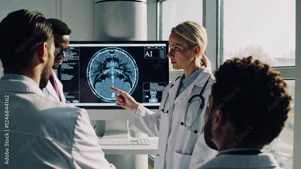 Aufkleber professional medical team analyzing a brain scan displayed on a digital monitor in a modern hospital