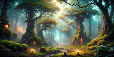 Enchanting fantasy forest. Mysterious, magical trees shimmer in AI-generated artwork.  Nature's wonder.