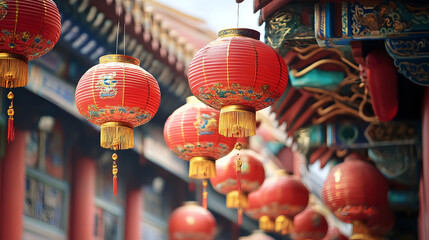 Naklejka premium Traditional Chinese Red Lanterns Hanging in Vibrant Cultural Festival Setting : Generative AI