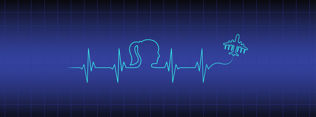 Naklejka premium Editable line blue ekg monitor, cardio diagnosis, people head airplane vector. Heart rhythm line vector design to use for healthcare, healthy lifestyle, medicine, ekg, ecg illustration projects. 