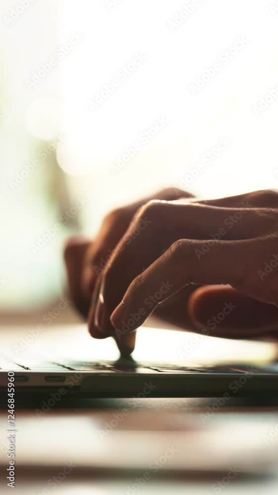 Poster person, hands and laptop in home for research, creative writing and remote work with connectivity. j